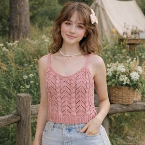 Dreamy Dusty Rose Crochet Knit Sweater Tank Coquette Soft Girl Sweetcore Top EUC